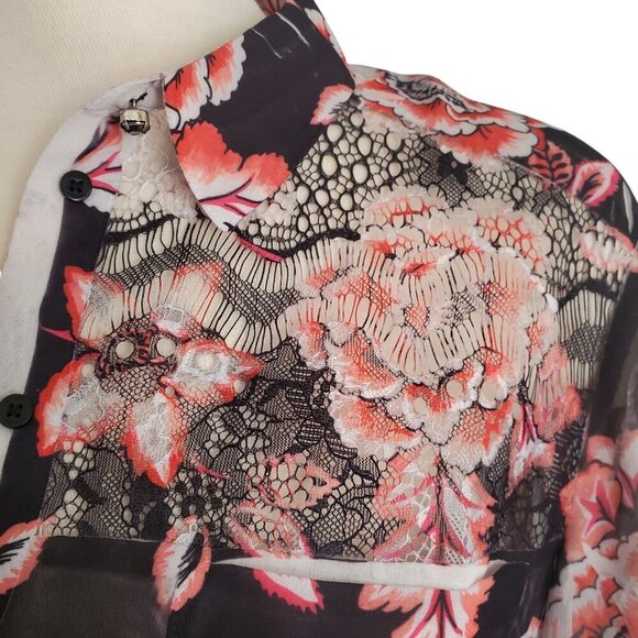 GUESS Nira Chiffon Semi Sheer Floral Rhinestone Detail Long Sleeve Button Down S - Picture 6 of 15